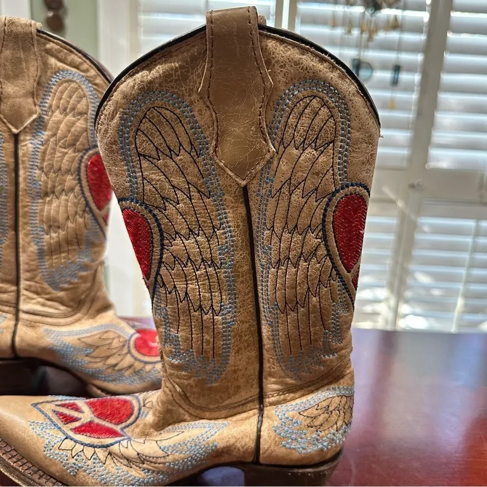Corral Tan Leather Kids Cowboy Boots with Red Heart and Blue Wing Embroidery